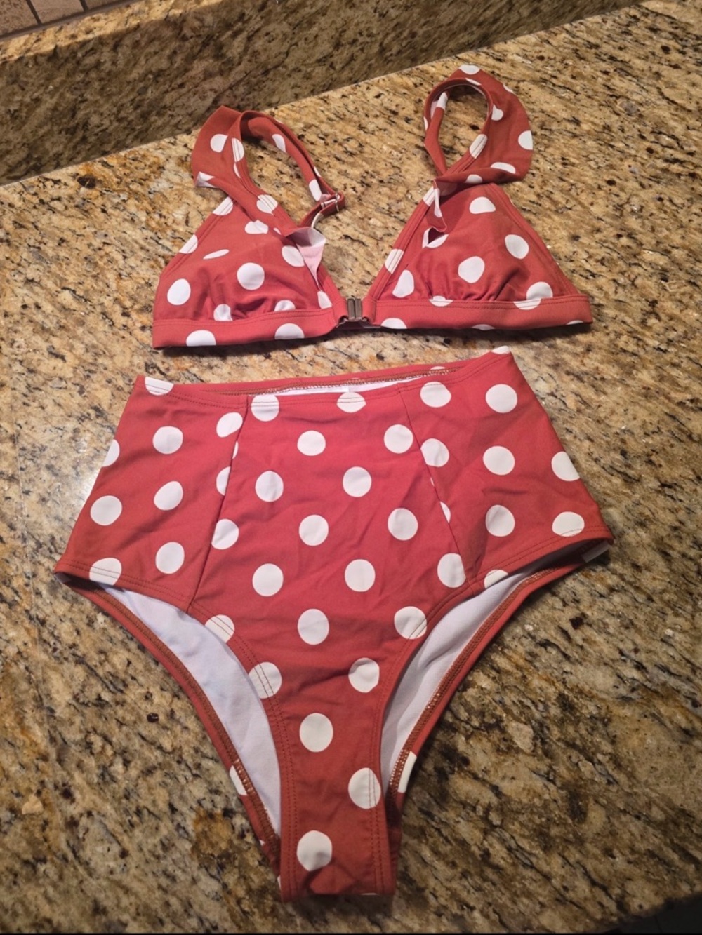 Xhilaration Burnt Orange Retro Polka Dot Bikini  High Waisted Top S Bottom XS
